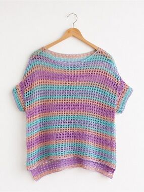 Short Sleeve Openknit Crochet Sweater | Pastel Stripes | Size Large
